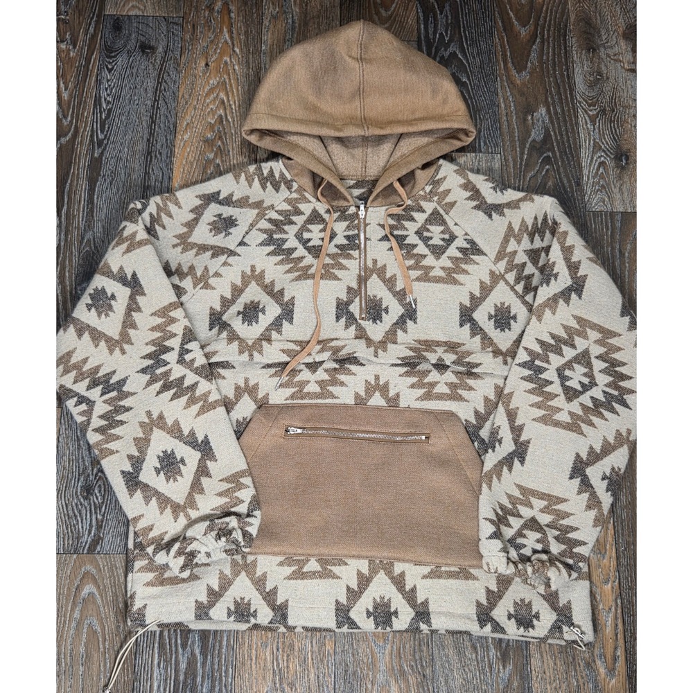Zaful Mens Tribal Geometric Quarter Zip Hoodie Tan Beige Southwestern Anorak M